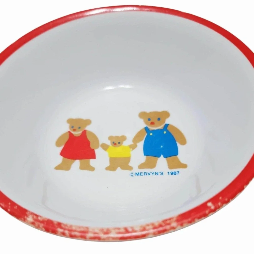 Vintage 1987 Mervyn's Teddy Bear Baby Feeding Set Plate Bowl Cup Bib Spoon